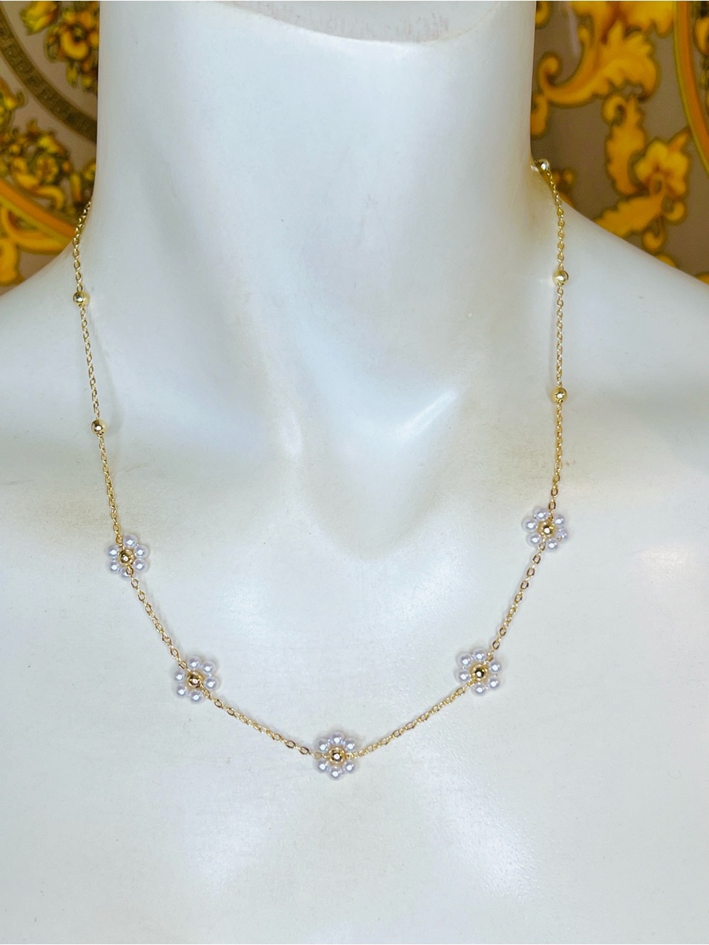 Pearl gold dainty Halo station 16” to 19” necklace adjustable